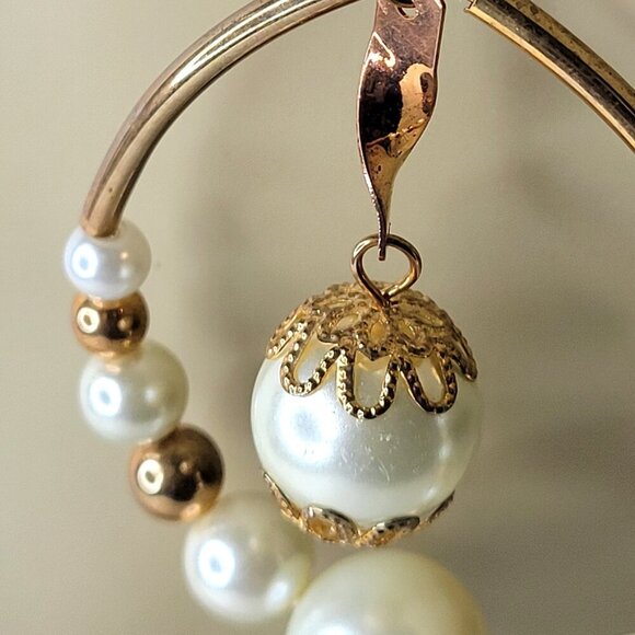 Gold Beads and White Pearl Large Hook Earrings - Picture 5 of 9